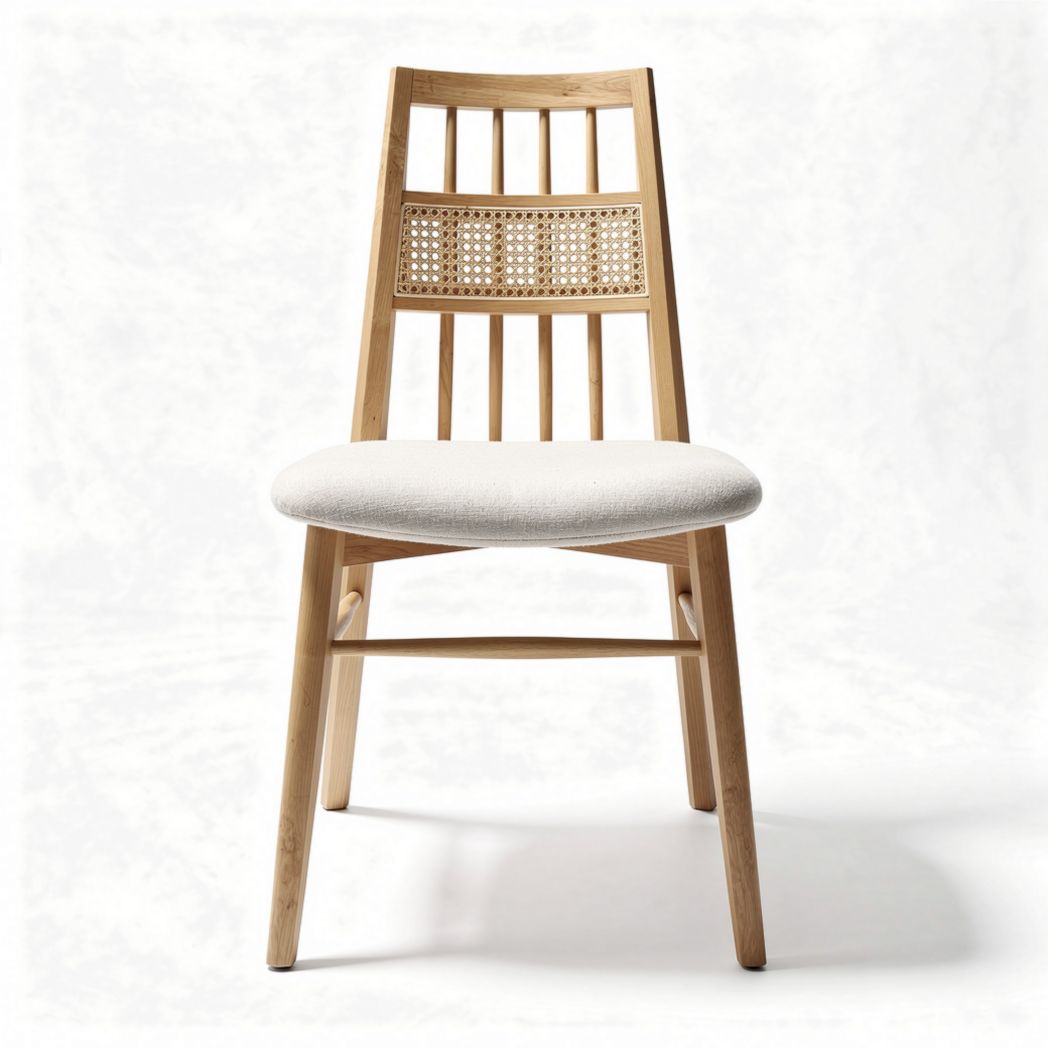 Bamboe eetstoel met leuningen en witte polyester bekleding 45 x 45 x 85cm