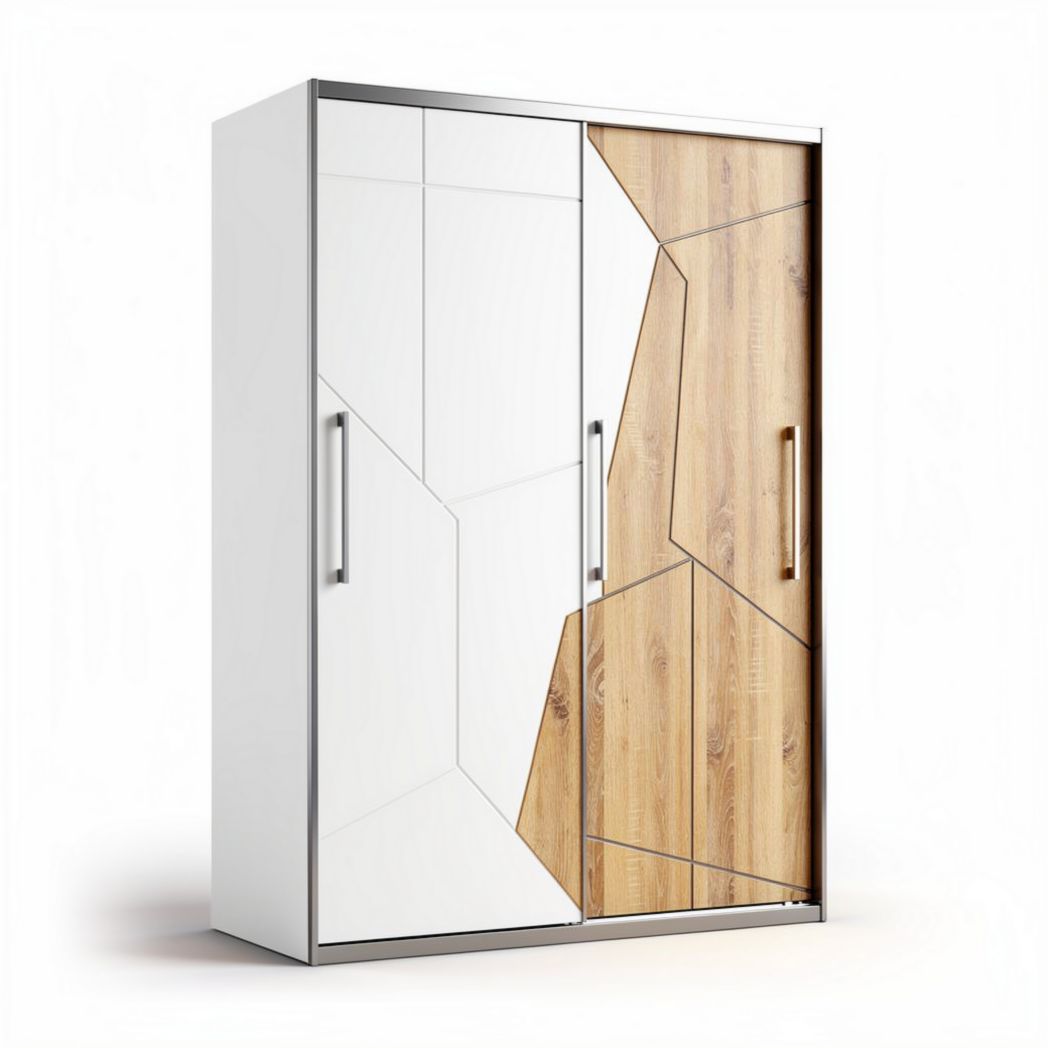 Kast met schuifdeuren van hout en wit glas afmetingen 150 x 100 x 200cm