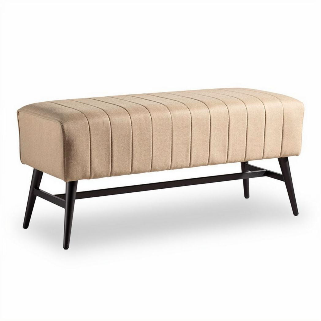 Ronde voetenbank van stof in beige 120 x 40 x 45 cm met houten poten