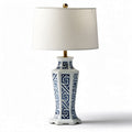 Tafellamp van porselein met blauwe geometrische patronen en witte lampenkap 30 x 30 x 60cm