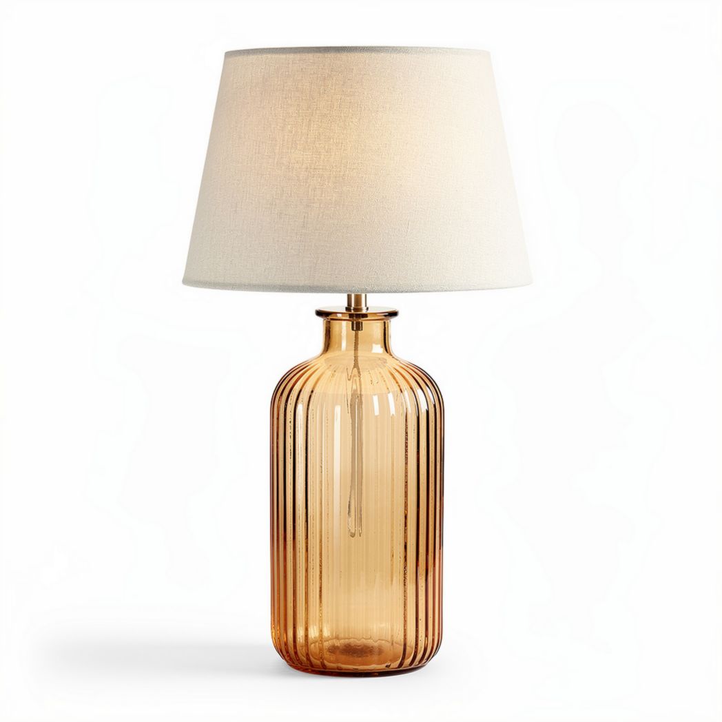 Tafellamp van amberkleurig glas met stoffen lampenkap 30 x 30 x 60cm
